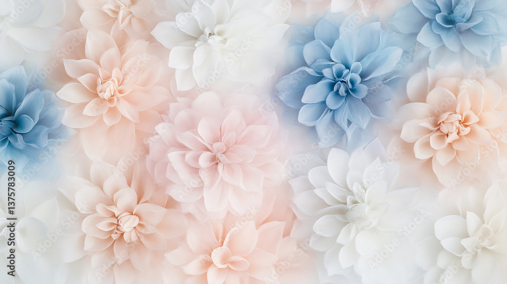 Pastel Floral Background. Soft Romantic Flowers in Blue, White, and Peach Tones
