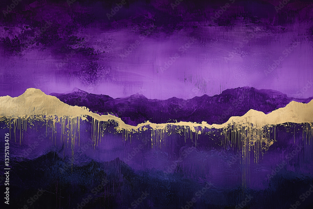Rich and moody abstract landscape featuring deep aubergine purple hues with gold accents, creating striking visual contrast and elegant atmosphere