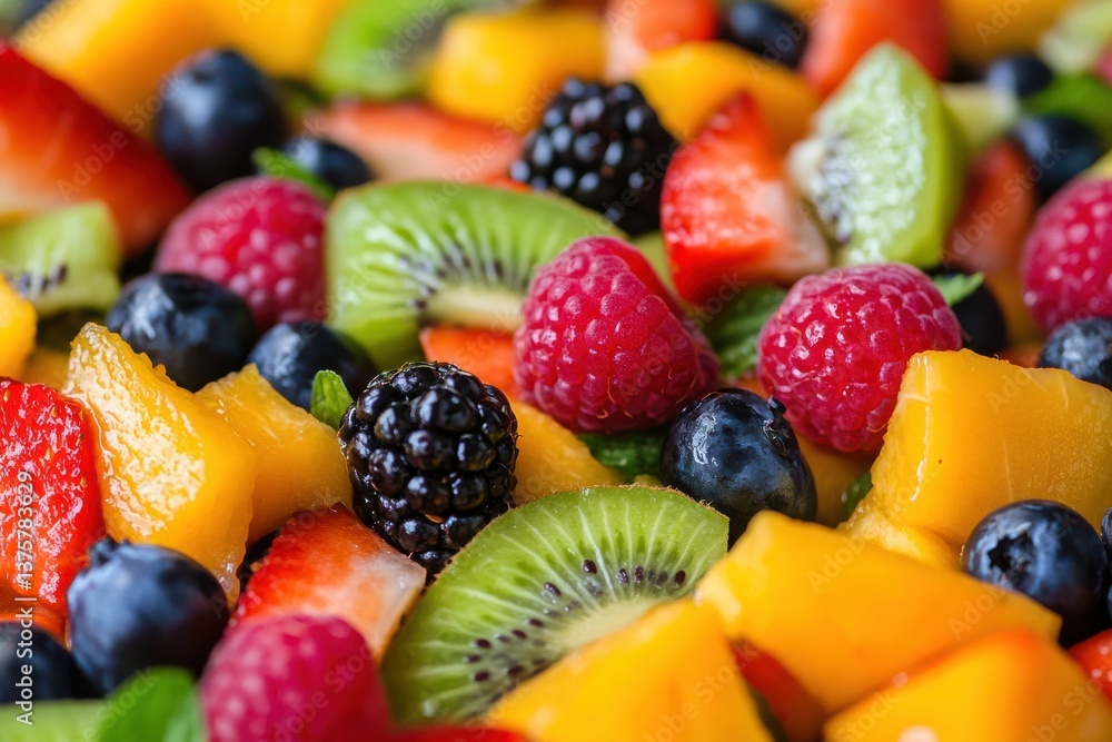 Close-up of a colorful fruit salad with seasonal berries, kiwi, mango, and strawberries, offering a fresh and vibrant summer treat Close-up of a colorful fruit salad with seasonal berries, kiwi, mango, and strawberries, offering a fresh and vibrant summer treat