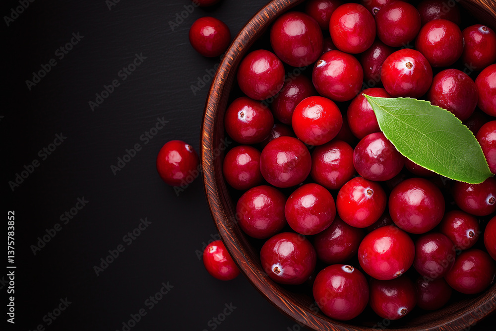 Fresh red cranberries in wooden bowl with green leaf, creating vibrant and healthy display. Perfect for seasonal recipes and festive decorations