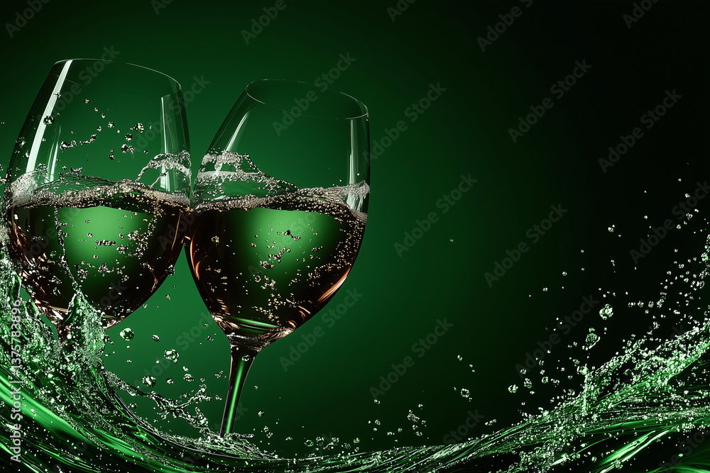 Cheers with sparkling wine in elegant glasses against deep emerald green background, creating rich and luxurious atmosphere. bubbles and splashes add festive touch