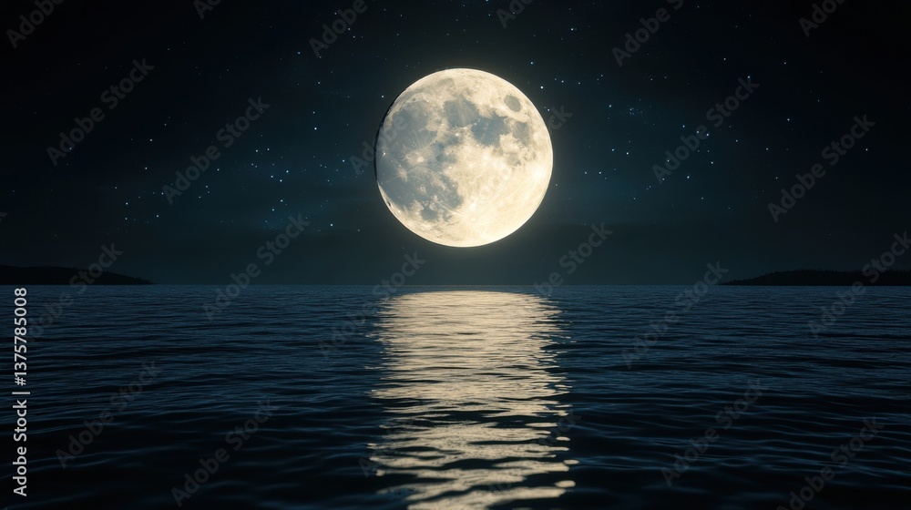 A serene night scene featuring a bright full moon reflecting on calm waters, surrounded by twinkling stars in a dark sky. A serene night scene featuring a bright full moon reflecting on calm waters, surrounded by twinkling stars in a dark sky.