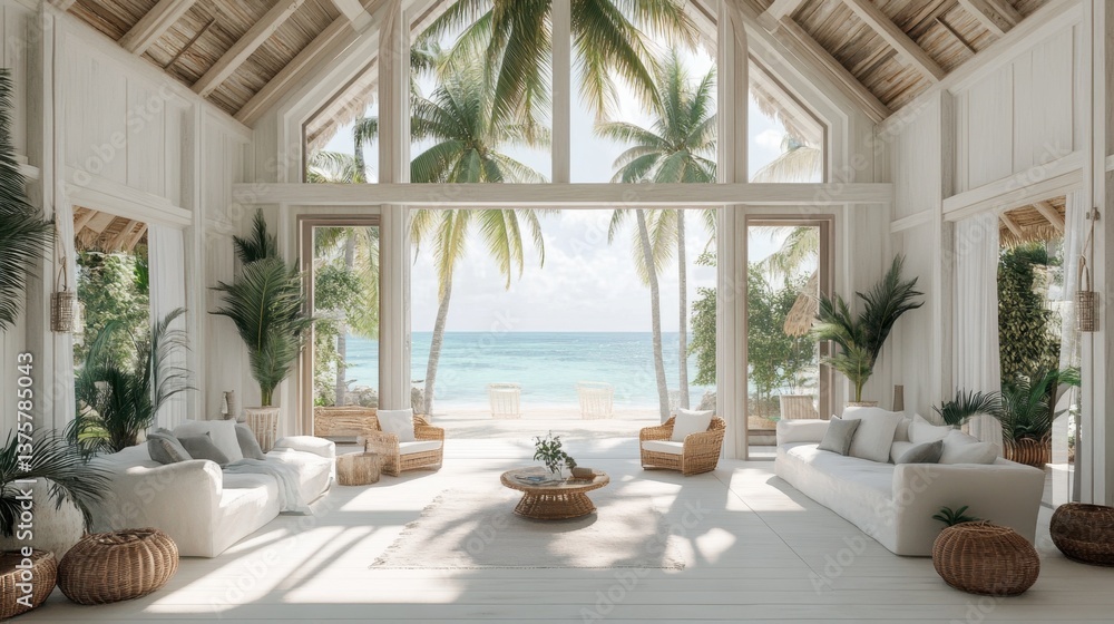 Fototapeta premium A tropical beach resort lobby with large open windows, white furniture, and ocean-inspired decor.