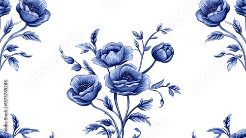 Detailed Blue Poppy Floral Pattern on White