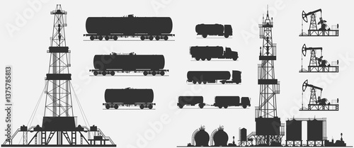 Industrial equipment for oil production and transportation. Vector illustration. Sketch for creativity.