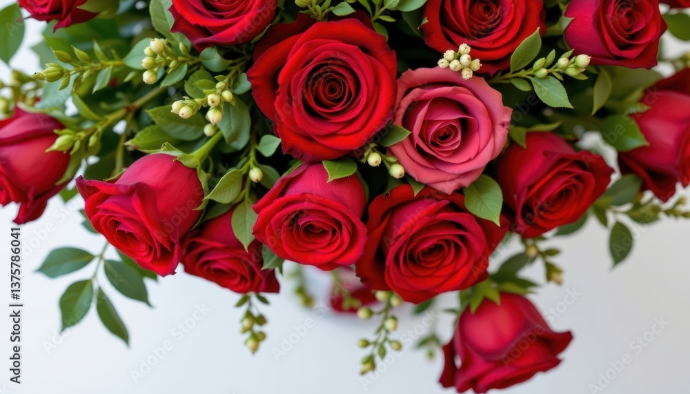 Obraz premium A stunning bouquet featuring a romantic arrangement of deep red roses, intertwined with delicate greenery to create a timeless and elegant display.