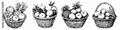 Various fruit baskets showcasing a blend of tropical and common fruits in detailed black and white illustrations
