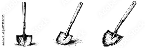 Shovels in different designs showcasing tools for gardening and construction purposes