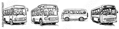 Historical depiction of various bus models showing passengers during daily commute in an urban environment