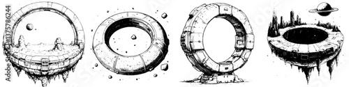 Mystical gateways to distant worlds illustrated in a monochrome style featuring unique structures and cosmic backgrounds