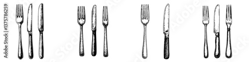Unique vintage cutlery arrangement showcasing forks and knives on a neutral background for dining inspiration