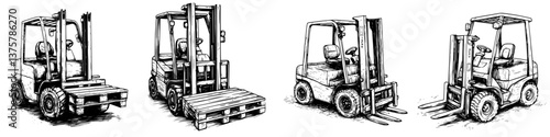 Forklift operations in a warehouse setting, showcasing various angles and positions of the equipment during loading tasks