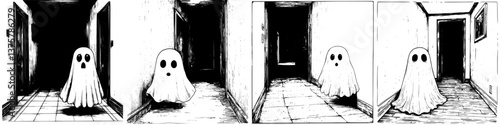 Ghostly figure wanders through dimly lit hallway in an eerie, minimalist monochrome setting
