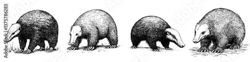 Different species of anteaters walking in a line, showcasing their unique features and sizes in a natural environment