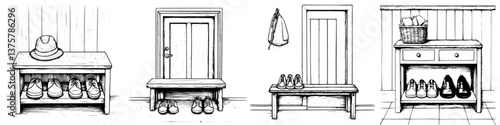 Different types of shoe storage furniture in an entryway captured in a detailed sketch style