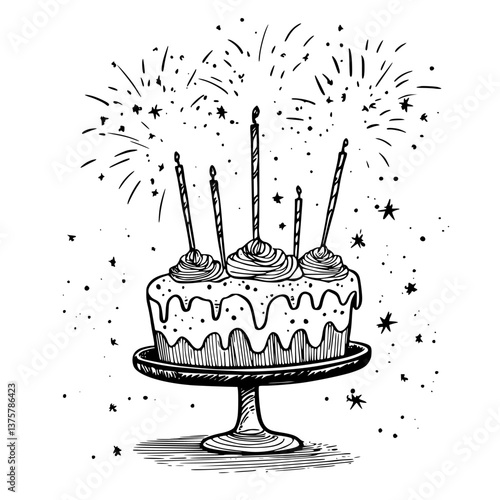 Celebration cake with candles and fireworks at a festive event for a joyful occasion