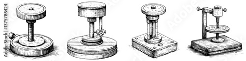 Various types of vintage wooden and metal presses used in traditional crafting and manufacturing
