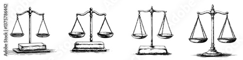 Historical representations of balanced scales signify justice and fairness in law across different eras and styles