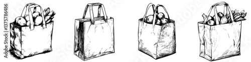 Hand-drawn illustrations of grocery bags filled with fresh fruits and vegetables in a simple design