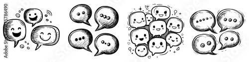 Creative doodles of chat bubbles with various facial expressions and sizes, representing communication and interaction in a playful manner