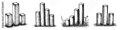 Bar charts displaying various data trends in a sketched style, highlighting growth and comparison across four categories
