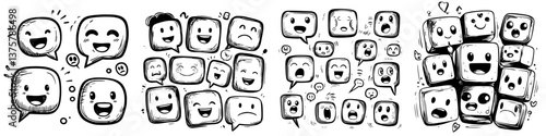 Cute and expressive cartoon faces in various emotions with speech bubbles for creative design use
