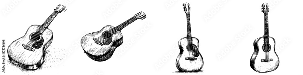 Various artistic sketches of acoustic guitars showing different angles and details with a vintage aesthetic Various artistic sketches of acoustic guitars showing different angles and details with a vintage aesthetic