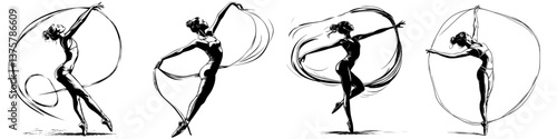 Graceful rhythmic gymnast performing choreography with ribbons and hoops in an elegant routine