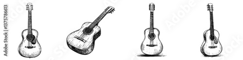 Vintage acoustic guitars displayed in artistic arrangement showcasing craftsmanship and design variation