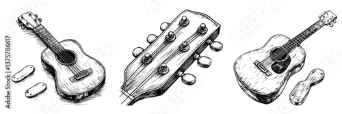 Detailed sketch of acoustic guitar and accompanying percussion instruments in artistic style