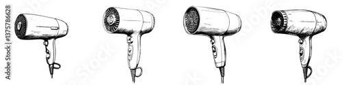 Hair dryers in various designs displayed on a plain background illustrating different styles and features for personal grooming