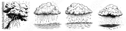 Illustration series depicting rain clouds in various stages of precipitation over a landscape