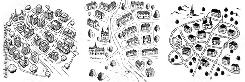City layout illustration showing a detailed perspective of urban planning with buildings, roads, and parks across various sections