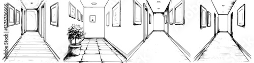 Interior hallway design with potted plant and artwork on the walls captured in a minimalist style