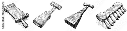 Wooden percussion instruments arranged in a row, showcasing traditional craftsmanship and musical diversity