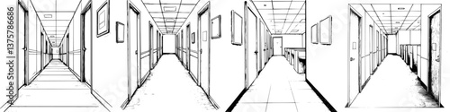 Empty office hallway with multiple doors and a minimalist design at midday