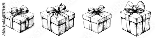 Decorative gift boxes arranged in a row, showcasing various styles with bows, ideal for special occasions and celebrations