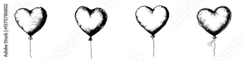 Heart-shaped balloons losing air in a whimsical illustration capturing the essence of fleeting moments and love