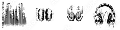 Artistic representation of sound waves, headphones, and auditory elements in a creative design