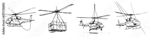 Helicopters engaged in heavy lifting activities over diverse landscapes during daylight operations