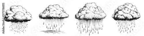 Different stages of rain clouds illustrated in black and white for educational and artistic reference