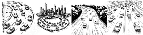 Busy city highways depict dynamic traffic patterns during rush hour