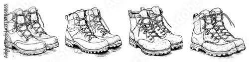 Detailed sequence of hiking boots showing wear over time during outdoor adventures in nature