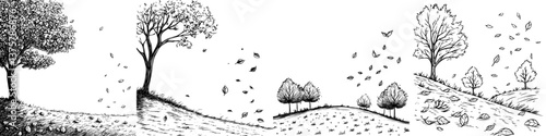 Autumn landscape with falling leaves and bare trees showcasing seasonal change in a rural setting