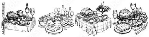 Elegant banquet spread featuring various dishes and beverages in a festive setting during a celebration
