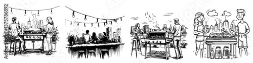 Outdoor barbecue gathering with friends on a rooftop in a city at sunset