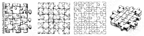 Puzzle pieces scattered on a table showing different stages of completion in a creative design