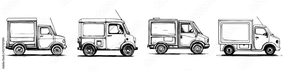 Fototapeta premium Different types of delivery trucks lined up showing various sizes and designs on a white background