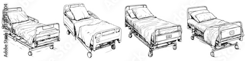 Different styles of hospital beds shown in a sequential arrangement illustrating healthcare equipment variations