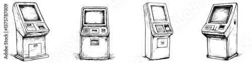 Different styles of automated kiosks designed for various functions in public spaces showcase technology in urban environments